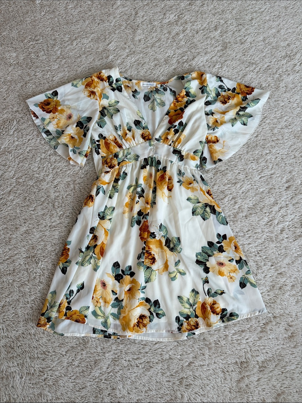 bailey blue White Floral V-Neck Dress with Yellow & Green Print